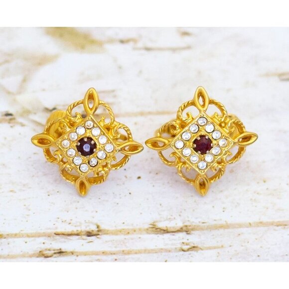 Vintage Victorian Royal Diamond Rhinestones Clip On Earrings by Avon - BM1 - Picture 1 of 2